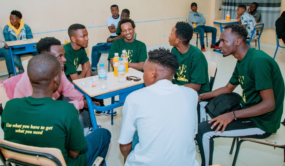 Gen Z comedians brainstorm before performing for their audience at IPRC Musanze.