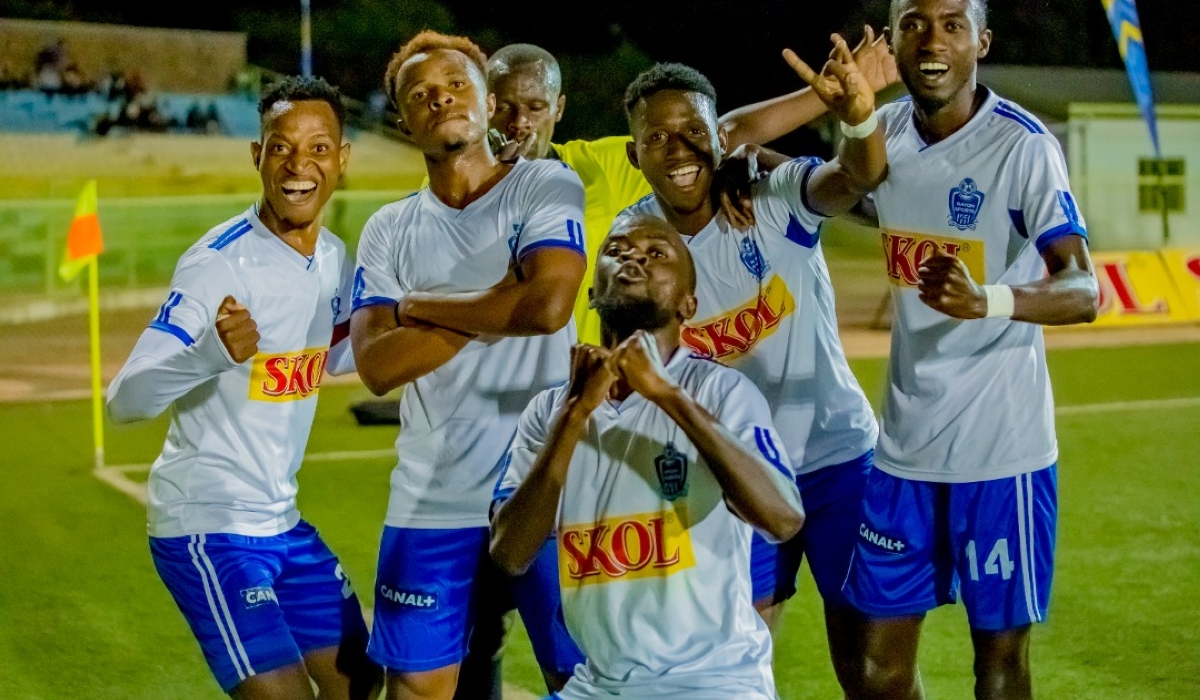 Rayon Sports players celebrate after defeating Rutsiro on Saturday at Kigali Stadium. Despite losing 2-1, Rutsiro were the best team in the league in week one. / Photo: Courtesy