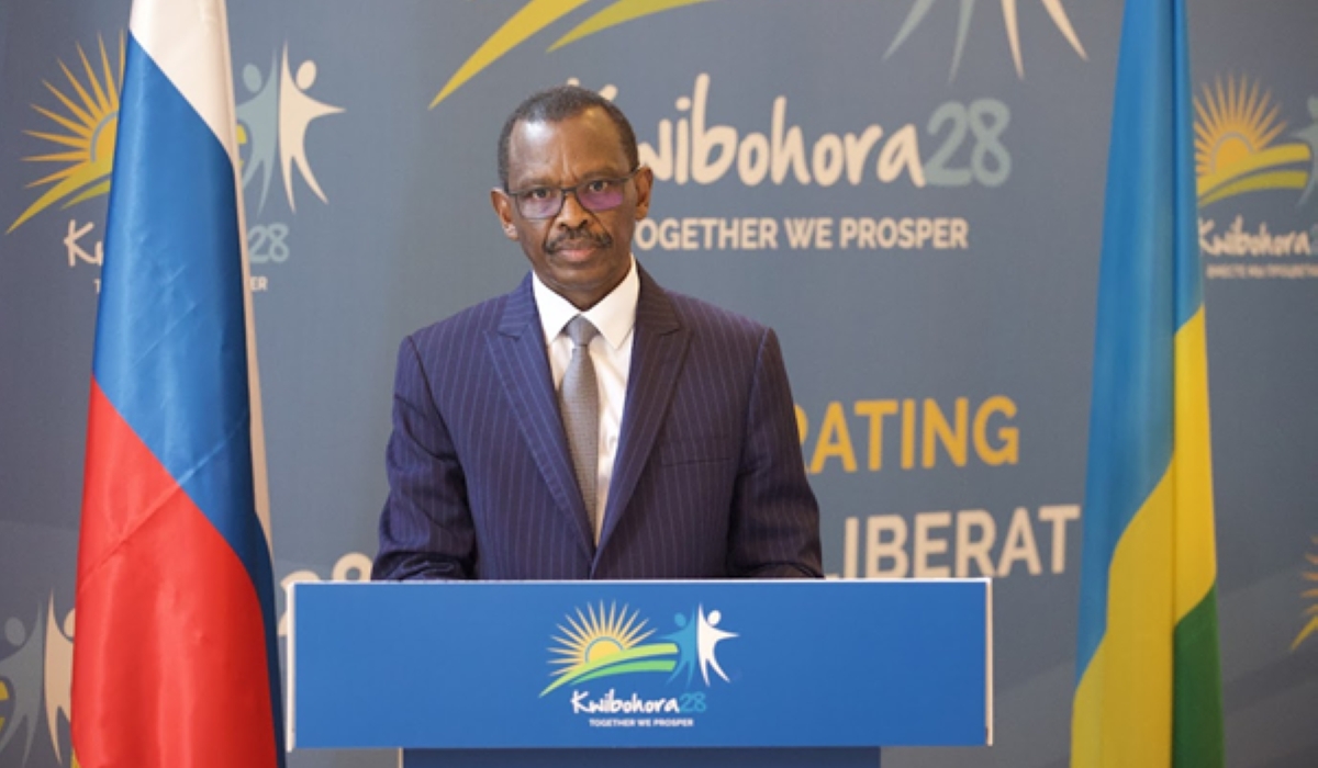 Ambassador of the Republic of Rwanda to the Russian Federation Lt Gen Frank Mushyo Kamanzi delivering his speech to the invitees of Kwibohora28.