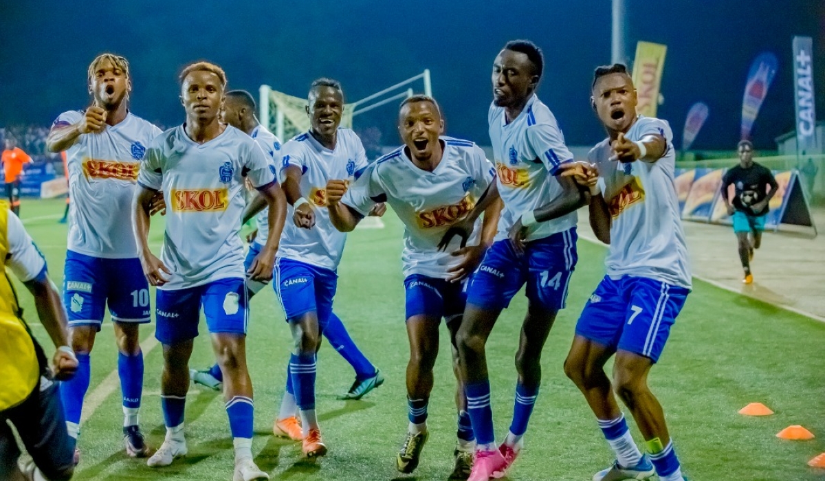 Rayon Sports players in celebration of a goal during a past game. The Blues will play against Ugandan giants URA FC in a friendly game on Friday, September 2. / Courtesy