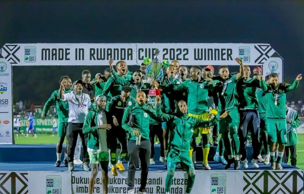 SC Kiyovu players celebrate the victory after beating Rayon Sports 2-1 to win the inaugural Made-in-Rwanda Cup 2022. / Courtesy