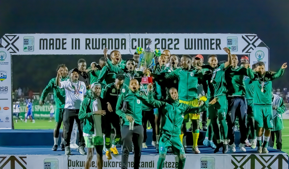 SC Kiyovu players celebrate the victory after beating Rayon Sports 2-1 to win the inaugural Made-in-Rwanda Cup 2022. / Courtesy