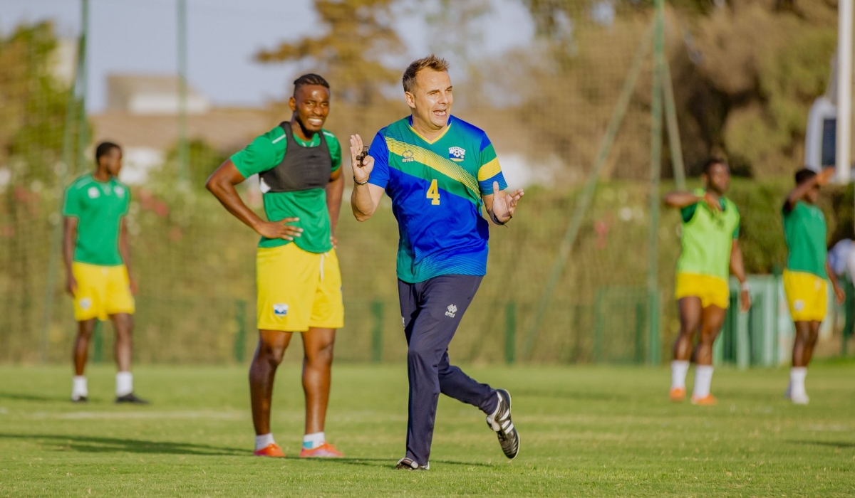 Head coach of national footbal team gives iinstruction to the players during a training session. Amavubi, is planning to play against Sudan in a FIFA international friendly. Photo: Courtesy.