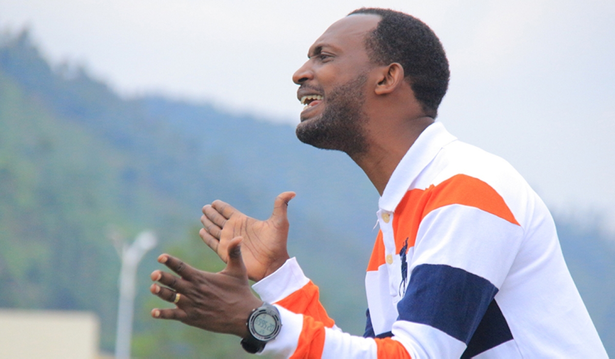 Espoir FC head coach, Justin Bisengimana during the game at Rubavu Stadium.