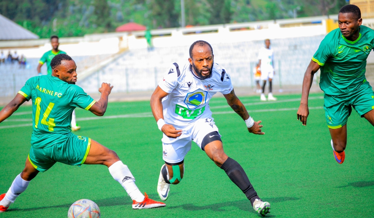 Gasogi United  player dribbles past Marines FC and defenders during a 2-0 league match at Umuganda Stadium in Rubavu. Courtesy