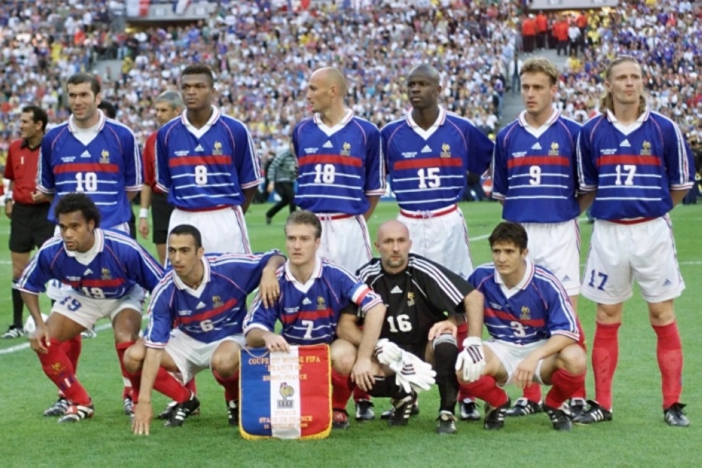 The France team before the 1998 World Cup final against Brazil. Zidane, top left, would score two in the 3-0 win [File: Daniel Garcia/AFP]