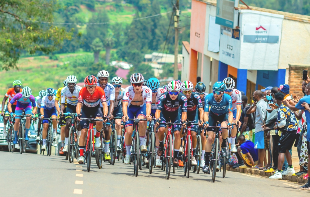 Cyclists in peloton  during Tour du Rwanda 2021 final stage in Kigali. The 15th edition of Tour du Rwanda cycling race is scheduled for February 19-26, 2023. Courtesy