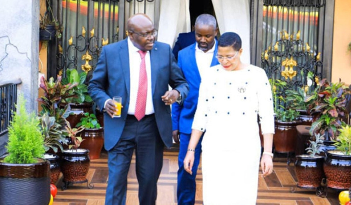 Uganda Parliament’s Speaker of Anita Among (right) and her deputy Thomas Tayebwa with EALA Speaker Joseph Ntakirutimana (left) during a dinner at Ms Among&#039;s residence in Kampala. Net photo