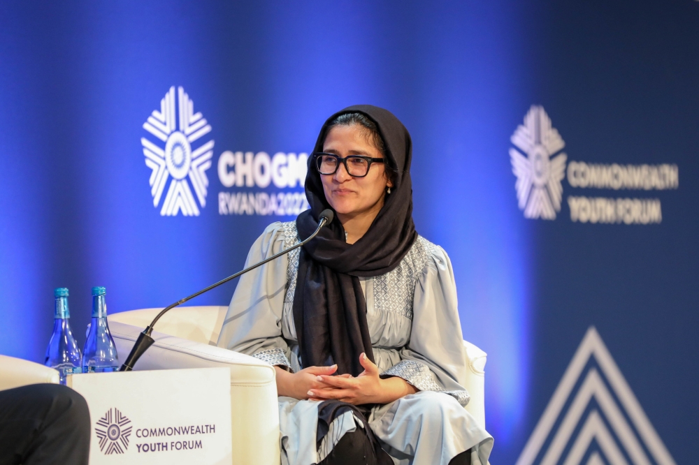 Shabana Basij-Rasikh, an Afghan educator, humanitarian, and women&#039;s rights champion speaks at the Commonwealth Youth Forum on June 20,2022. File
