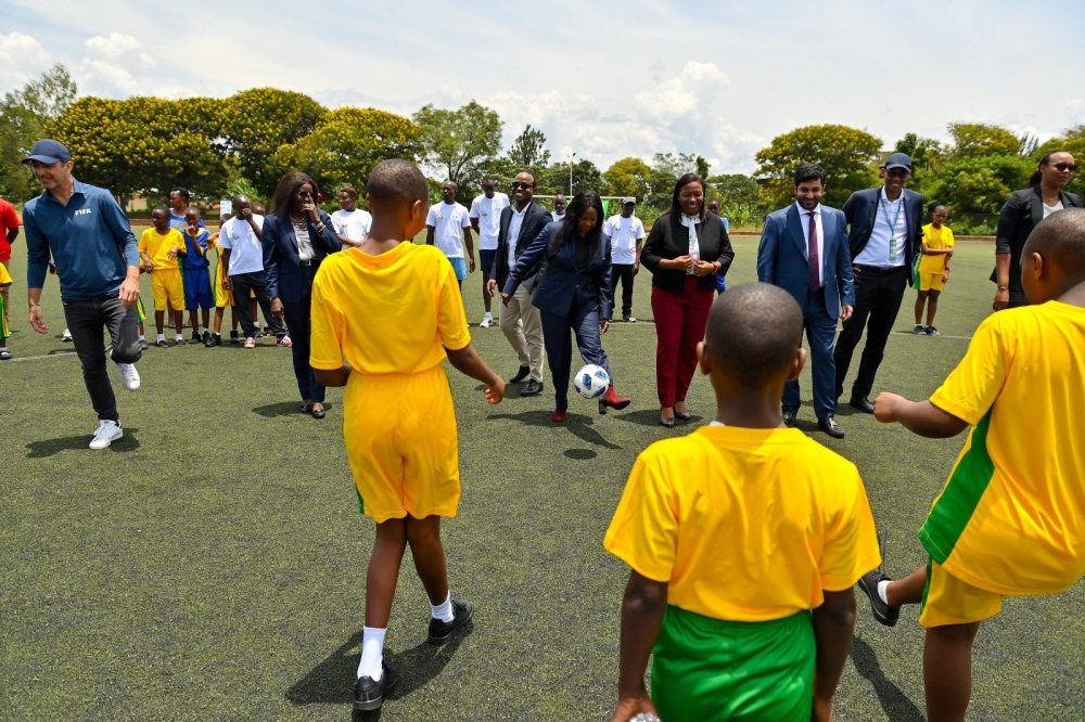 FIFA Secretary General, Fatma Samoura delivers remarks during the launch of FIFA Football for Schools program on Tuesday, March 14, in Kigali. Courtesy 