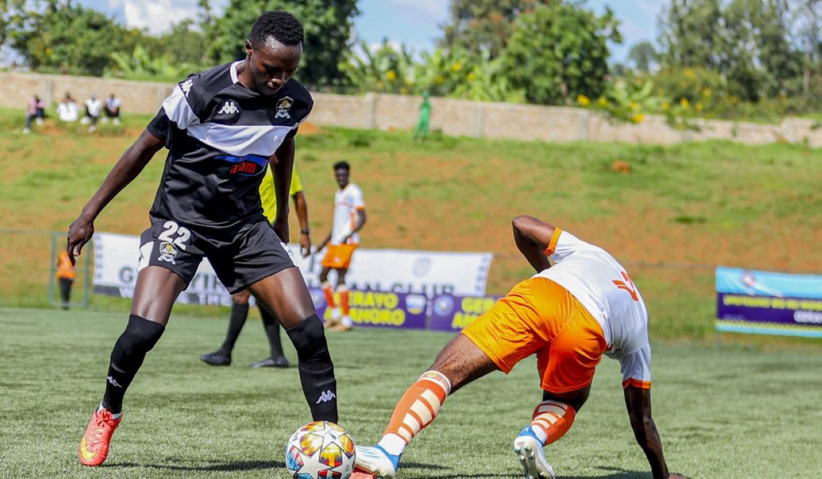 APR FC&#039;s Yannick Bizimana wins the ball against Bugesera FC during the 2-1 game at Bugesera Stadium on Sunday, April 2. Igihe