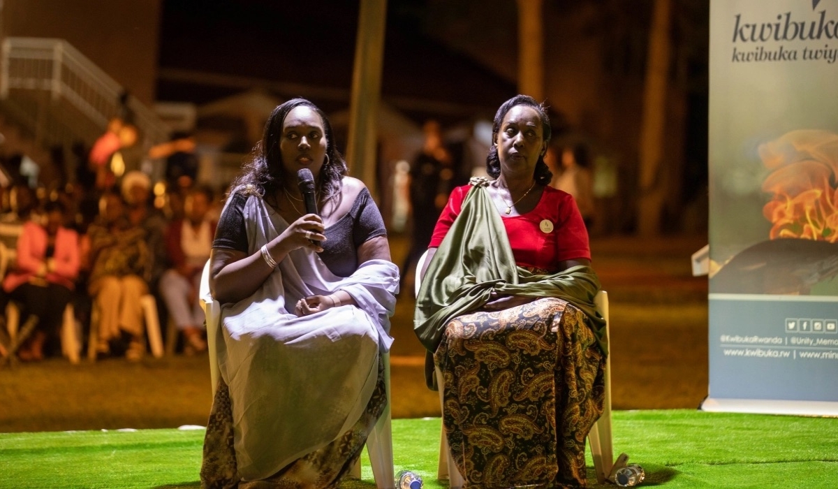 Aimée Marie Kaberuka Niwemfura delivers her testimony during the commemoration of the Genocide Against the Tutsi at Nyanza-Kicukiro Genocide Memorial on April 11. Photo by Dan Gatsinzi