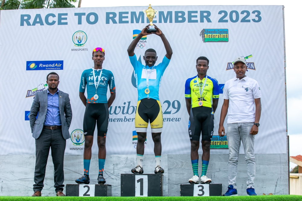 Germain Ngendahayo (middle) celebrates after winning the 2023 Race to Remember. Photo by Olive Mugwiza