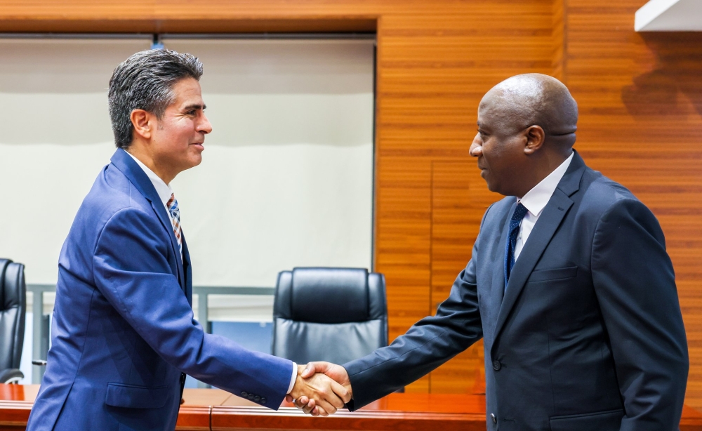 Prime Minister Edouard Ngirente  meets with Edgar Sandoval, the President and CEO of World Vision USA in Kigali on May 10. Courtesy
