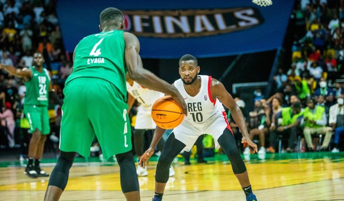 Rwanda Energy Group (REG) captain Olivier Shyaka (#10) is seen here guarding an opponent during a past BAL game at BK Arena in Kigali. File