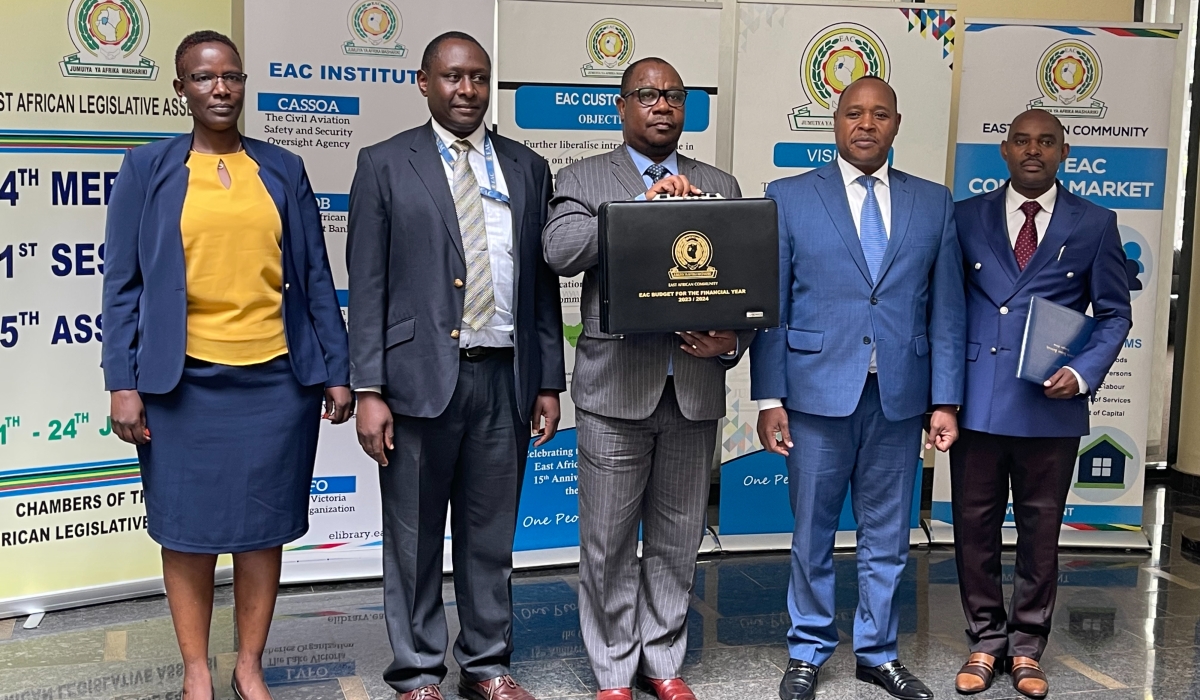 (From L-R): The EAC budget officer, Beatrice Jerono Rono; the Counsel to the East African Community,  Anthony Luyirika Kafumbe; the Chairperson of the EAC Council of Ministers, Ezéchiel Nibigira;   the EAC Secretary General Peter Mathuki; and the  EAC Director of Finance, Juvenal Ndimurirwo, present the bloc&#039;s budget, on June 13, 2023, in Arusha, Tanzania (Emmanuel Ntirenganya). 