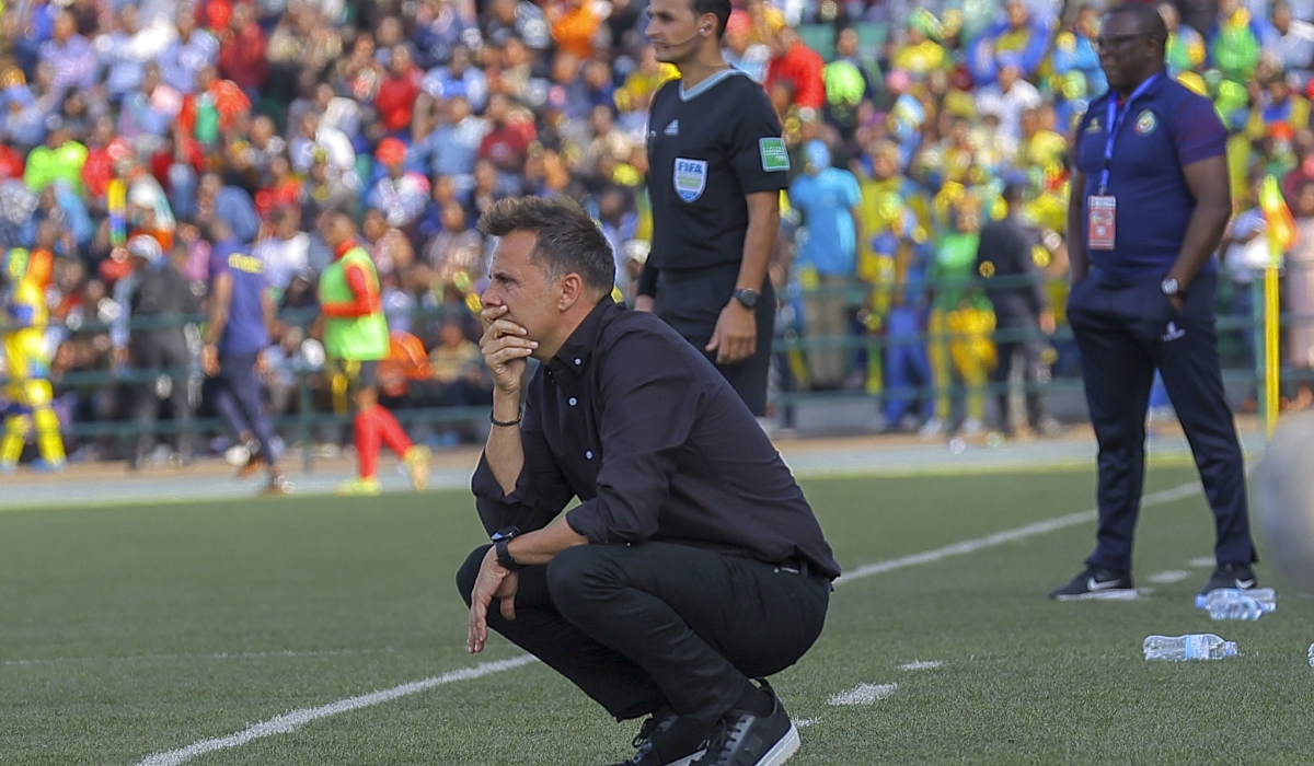 Rwanda&#039;s head coach Carlos looks so disappointed as Mozambican side scores the first goal in the first half at Huye Stadium. Olivier Mugwiza