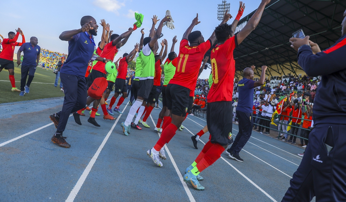 Mozambican players celebrate the 2-0 win against Rwanda. The result saw the visitors reclaim their Group L second position with 7 points. Photo by Olivier Mugwiza