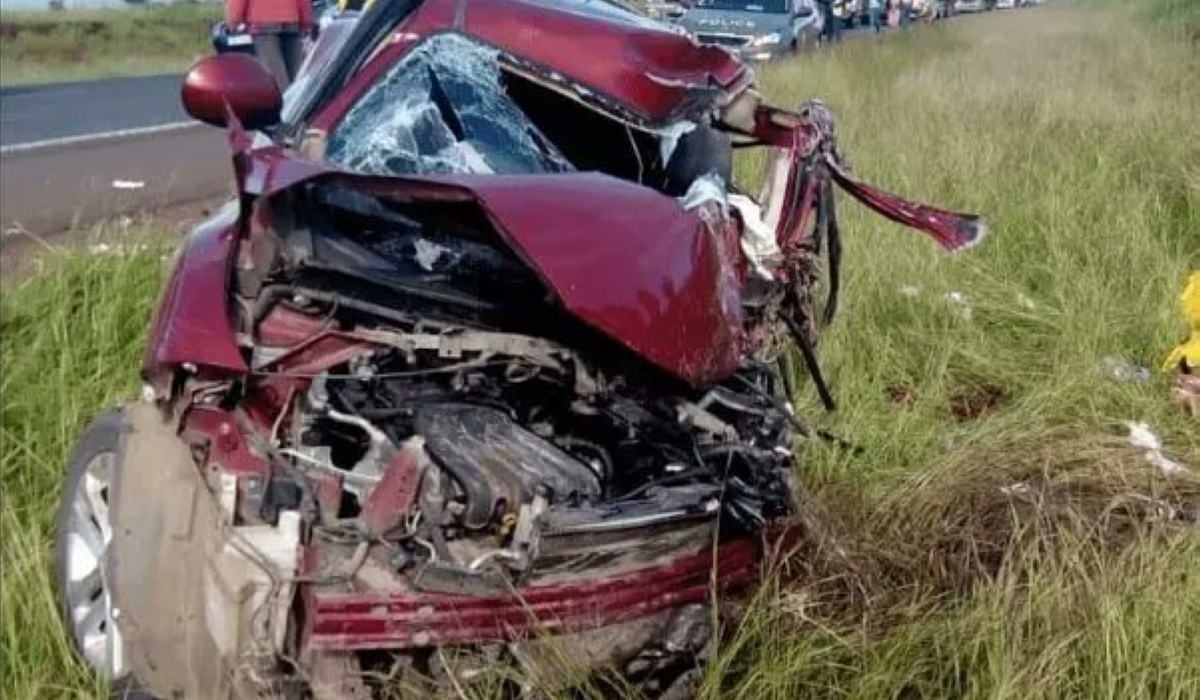 A scene of the accident where a bus collided with this car (pictured here) that caused the death of Pastor Theogene Niyonshuti and other two people  in Kabale, Uganda on Thursday, June 22. According to the new information, the two people who died in a road accident along with pastor Theogene Niyonshuti, have been identified. Courtesy