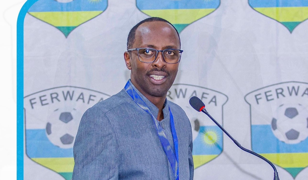 The newly elected FERWAFA president Alphonse Munyantwali addresses members after his elections during an extraordinary general assembly in Kigali, on Saturday, June 23. Courtesy