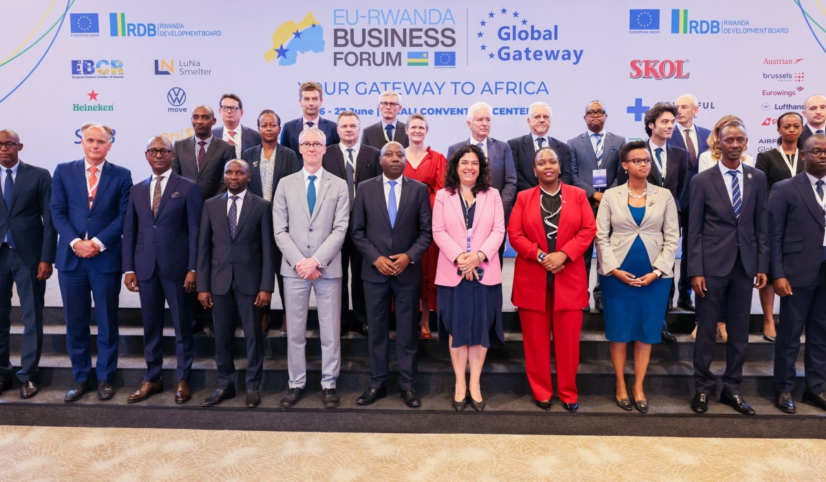 Prime Minister Edouard Ngirente with delegates  pose for a group photo during a two-day inaugural EU-Rwanda Business Forum&#039; in Kigali on Monday, June 26. While addressing over 600 delegates at the forum themed &#039;Rwanda - Your Gateway to Africa,&#039;, Ngirente emphasized the need for Rwanda to establish preferential trade agreements with the European Union  in order to stimulate economic growth. Courtesy