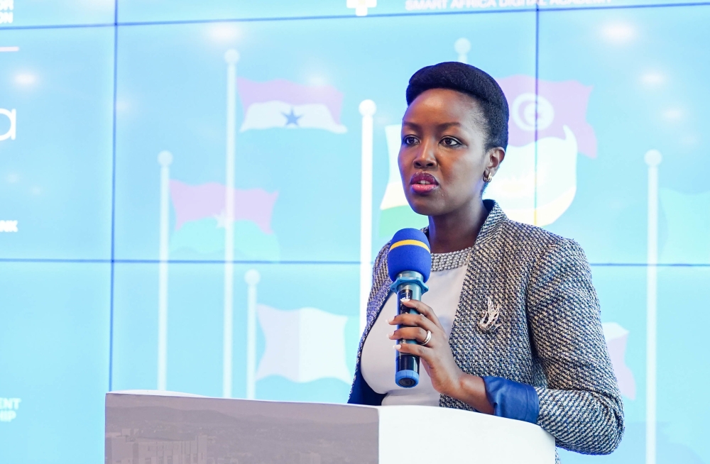 Paula Ingabire, Minister of ICT and  Innovation delivers remarks during a meeting in Kigali on March 22, 2022. File