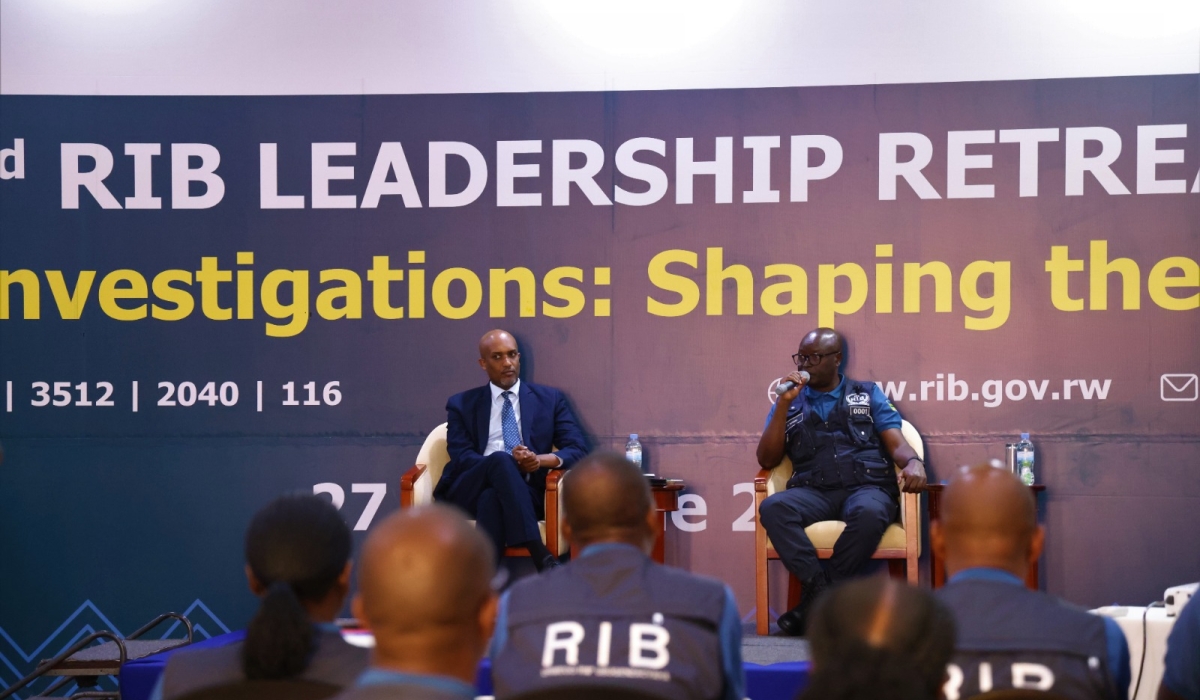 Justice Minister Emmanuel Ugirashebuja and  RIB’s Secretary General Jeannot Ruhunga  during the conclusion of a three-day investigators’ retreat on Thursday, June 29 in Nyamata, Bugesera District. Courtesy