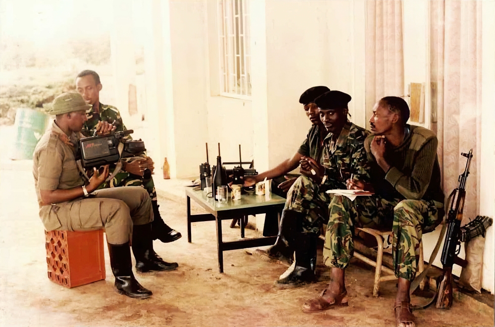 Some of the RPA officers who worked on Radio Muhabura during a break. Many Rwandans in the country and those in exile were kept abreast of the progress of the struggle by this radio.