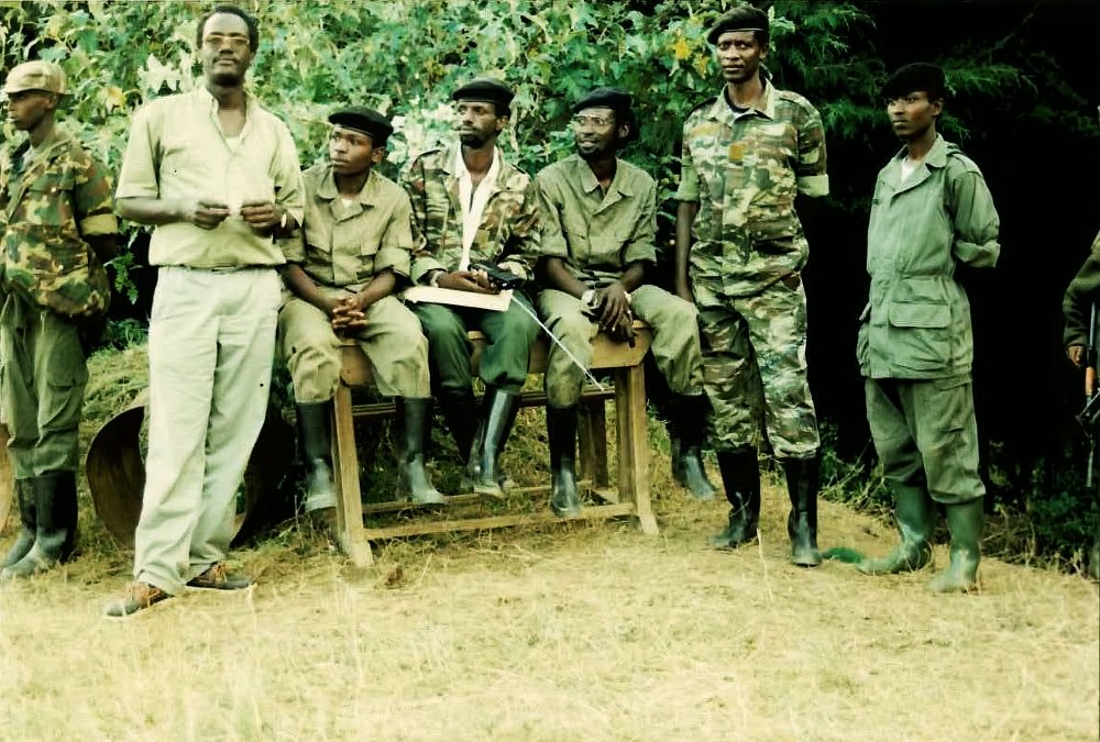 Some of the soldiers during a seminar in Rushaki at the beginning of 1994. Located in the current Gicumbi District, Rushaki was one of the prominent bases of the liberation struggle.