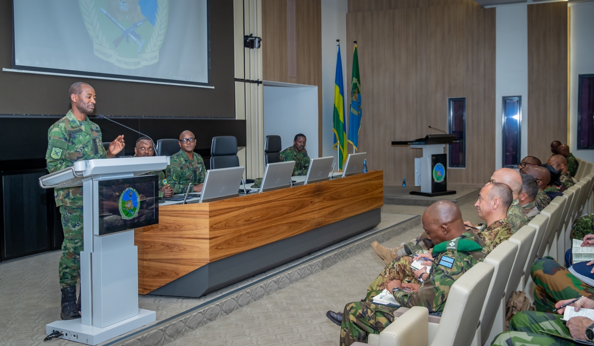 Gen Mubarakh Muganga, Rwanda Defence Force Chief of Defence Staff, briefs  defence attachés accredited to Rwanda at Rwanda Defence Force headquarters, Kimihurura, on Wednesday, July 5. PHOTO: COURTESY