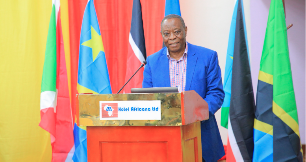 Kiswahili language scholar and University of Dar es Salaam academic Prof. Fikeni E. M. K. Senkoro speaking during the official opening session of the 2nd EAC World Kiswahili Language Day celebrations in Kampala, Uganda, on July 6, 2023.