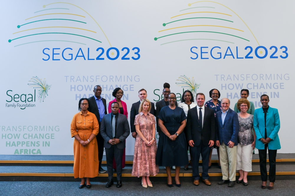 First Lady Jeannette Kagame and senior delegates pose for a group photo at the opening session of the annual meeting of the Segal Family Foundation in Kigali on July 13.