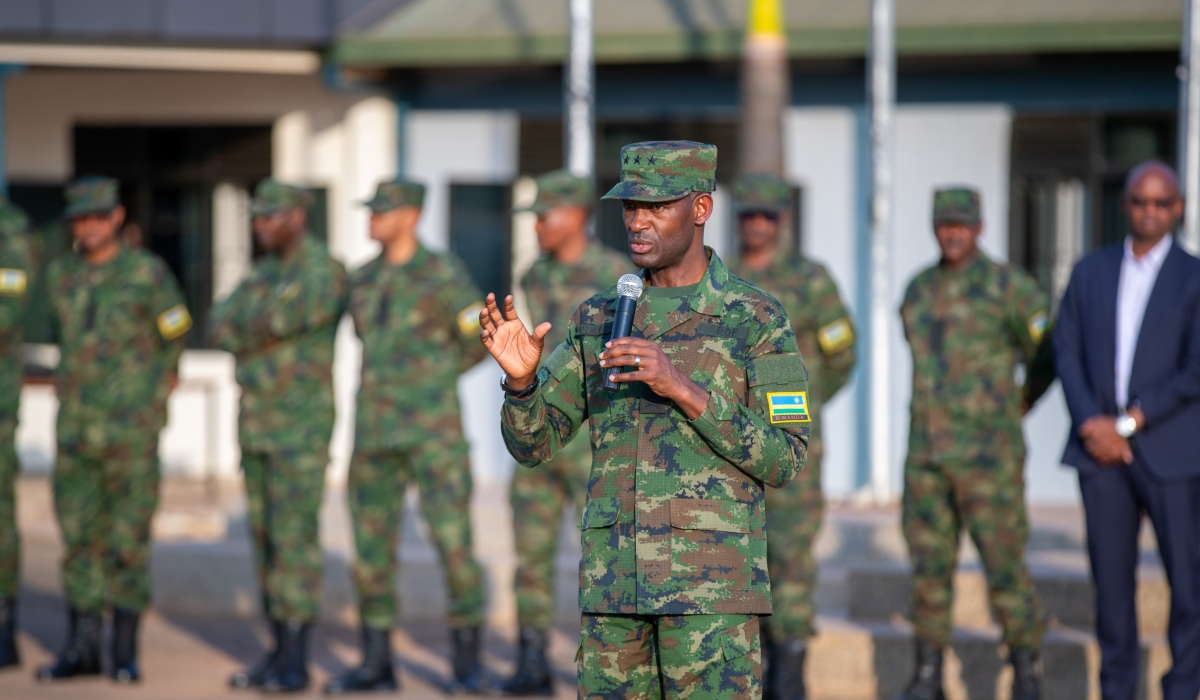 Rwanda Defence Force Chief of Defence Staff Lt Gen Mubarakh Muganga briefing security forces set to deploy to Cabo Delgado Province  on Saturday, July 15. Courtesy