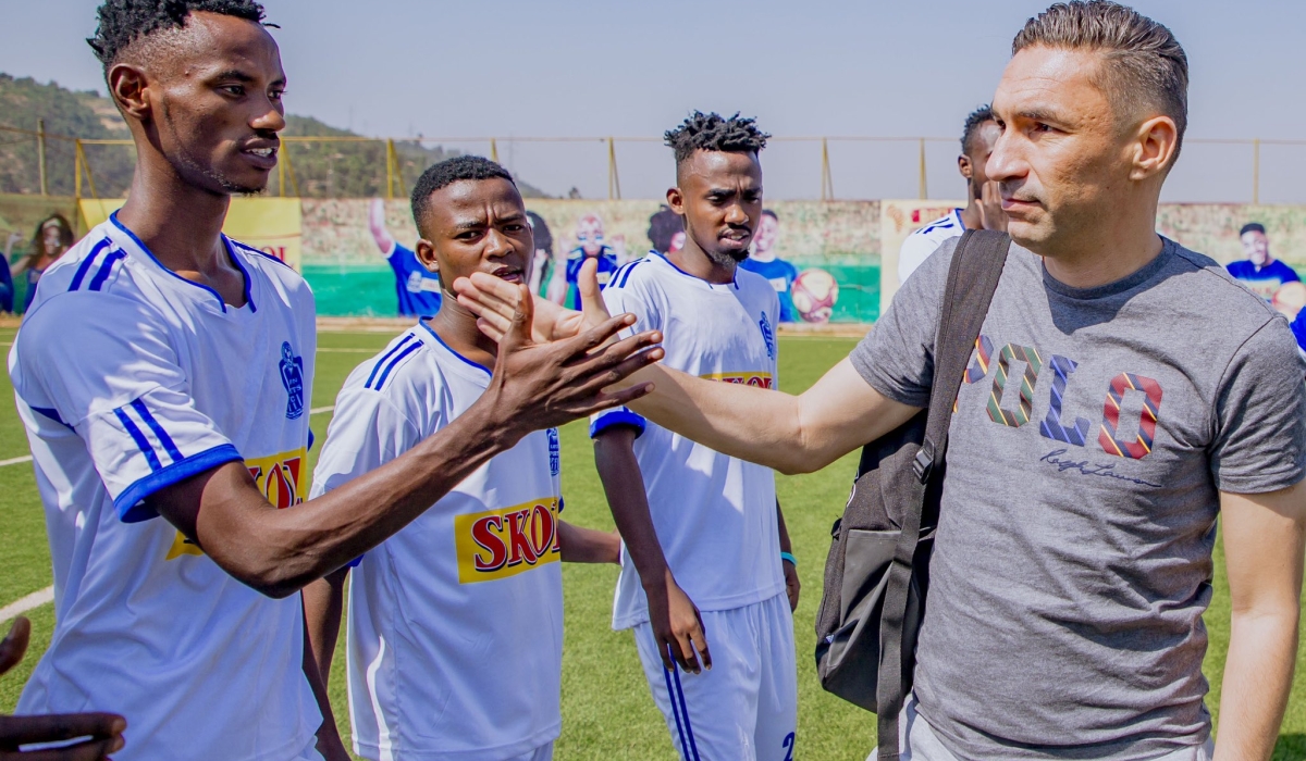 Rayon Sports new head coach Yamen Zelfani during his meeting with players at Nzove stadium. Courtesy