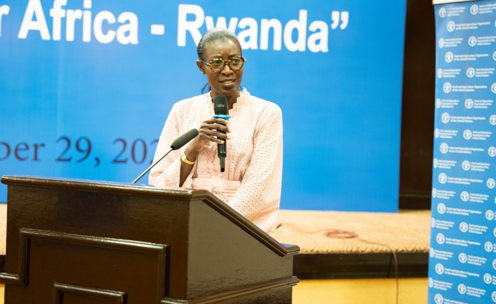 FAO representative to Rwanda, Coumba Dieng Sow addresses delegates during the closing workshop on the project in Kigali, on September 29.She said the project has primarily focused on balanced fertilization.