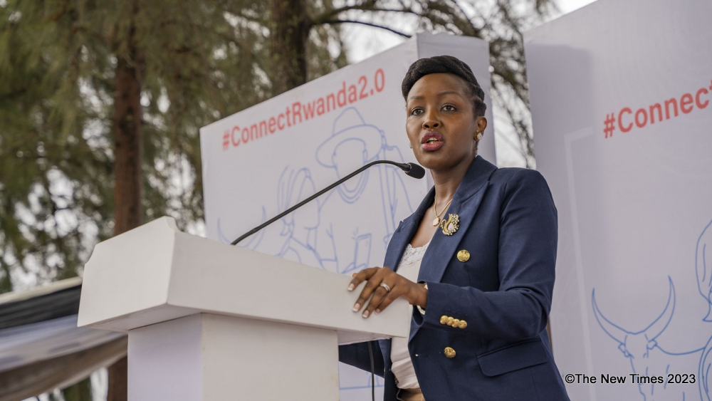 Paula Ingabire, Minister of ICT and Innovation delivers remarks at the launch of the new campaign aiming to provide more than a million Rwandans with affordable 4G smartphones.