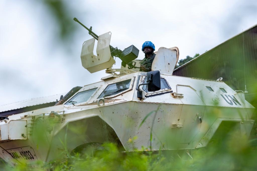 A Rwandan soldier serving under MINUSCA on patrol in CAR capital, Bangui, on, November 23. Rwandan peacekeepers are in charge of securing the capital, among other responsibilities. PHOTO BY OLIVIER MUGWIZA