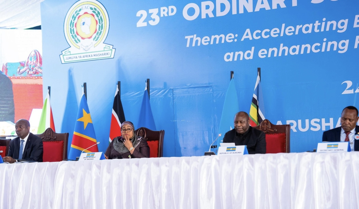 Left to right: Prime Minister Edouard Ngirente representing Rwanda’s President Paul Kagame; Tanzanian President Suluhu Samia, Burundi’s President Evariste Ndayishimiye, and EAC Secretary General Peter Mathuki, at the 23rd Ordinary Summit of the EAC Heads of State which took place on November 24, 2023, in Arusha, Tanzania. (Courtesy).