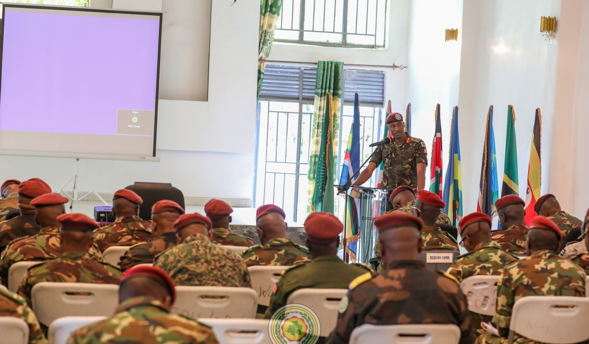 Force Commander (FC) of the East African Community Regional Force (EACRF) Maj Gen Aphaxard Kiugu addresses Contingent Commanders of EACRF troops deployed in North Kivu at Force Headquarters on Monday, 16 October 2023. Courtesy