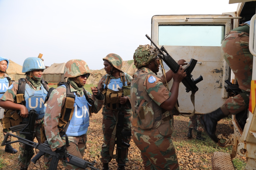 South African soldiers serving under the United Nations peacekeeping mission in DR Congo (MONUSCO). Two members of the South African National Defence died on Thursday, February 29, after one killed the other and turned the gun on themselves. Courtesy
