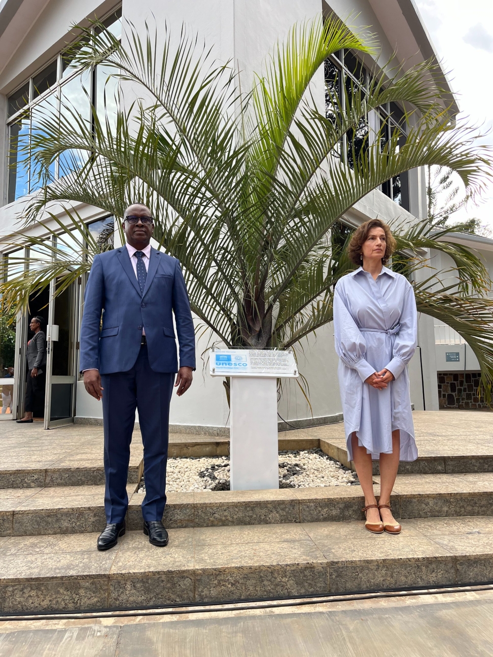 The Minister of National Unity and Civic Engagement, Jean-Damascène Bizimana and UNESCO Director-General, Audrey Azoulay  after handover