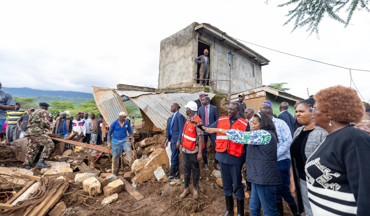 Kenya President William Ruto visits some places that were affected by floods at Ngeya Girls Secondary School in Mai Mahiu, Nakuru County on Tuesday, April 30. Courtesy