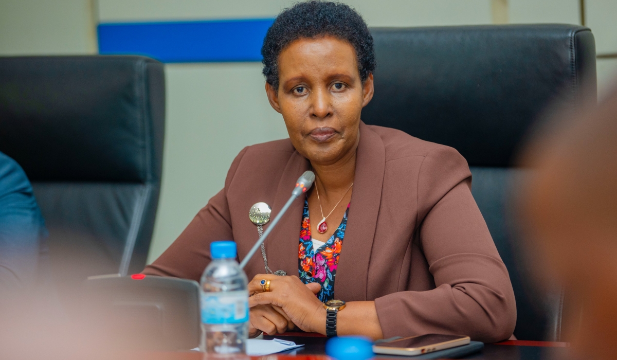 The Chairperson of the National Electoral Commission, Oda Gasinzigwa, speaks during a meeting on the preparedness for the upcoming presidential and parliamentary elections, in Kigali on Wednesday, May 8. Gasinzigwa said that NEC has been working with NIDA and MINALOC to ensure that all residents get IDs in time. Courtesy