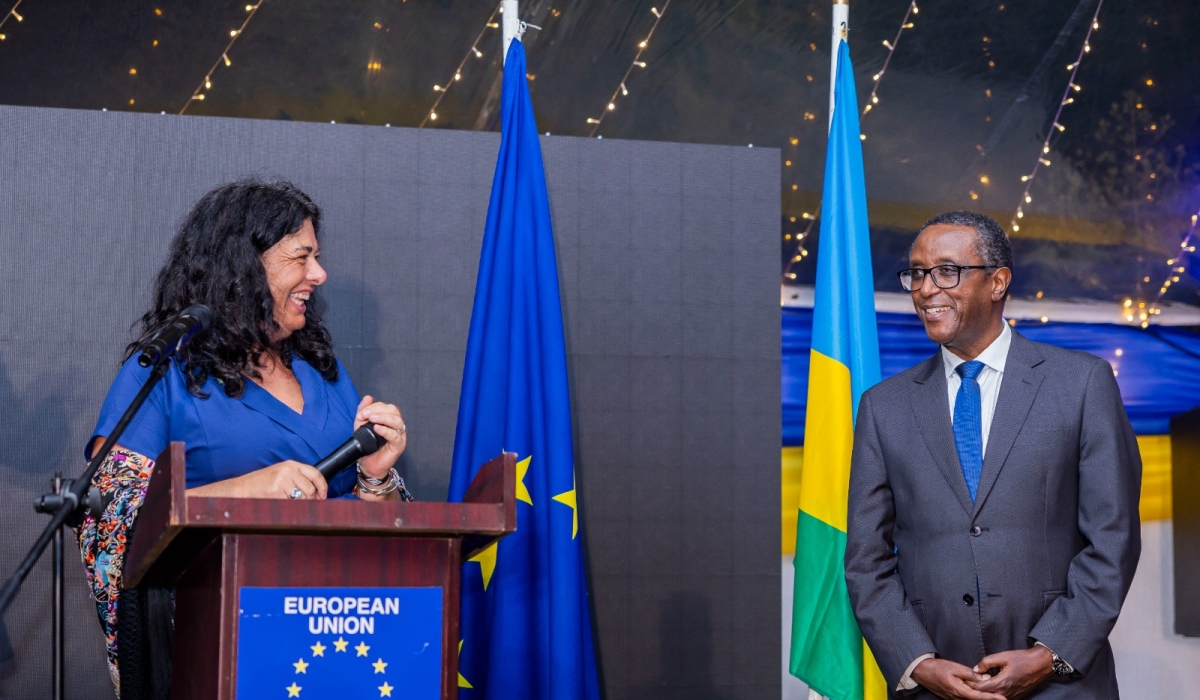 Minister of Foreign Affairs and International Cooperation, Vincent Biruta and  Ambassador of the European Union, Belén Calvo Uyarra as the delegation of the European Union (EU) to Rwanda celebrated Europe Day on May 9