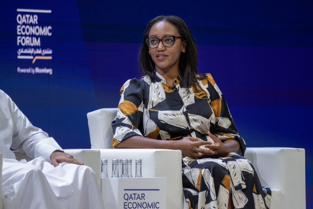 RwandAir Chief Executive Officer Yvonne Manzi Makolo speaks during the Qatar Economic Forum in Doha, on Wednesday, May 15. Makolo revealed that Rwanda’s new airport in Bugesera District is expected to start operating in 2028. Courtesy