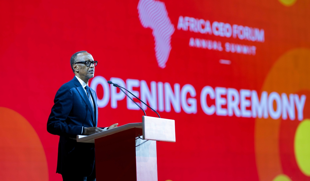 President Paul Kagame addresses delegates  at the opening ceremony of the 2024 Africa CEO Forum in Kigali on Thursday, May 16. Photo by Village Urugwiro