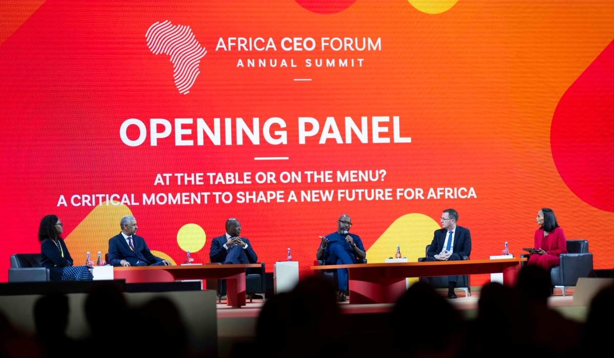 A panel discussion during the opening session of the two-day 2024 Africa CEO forum  that brought together over 2,500 business leaders and policymakers  Kigali on Thursday, May 16. Photo Village Urugwiro