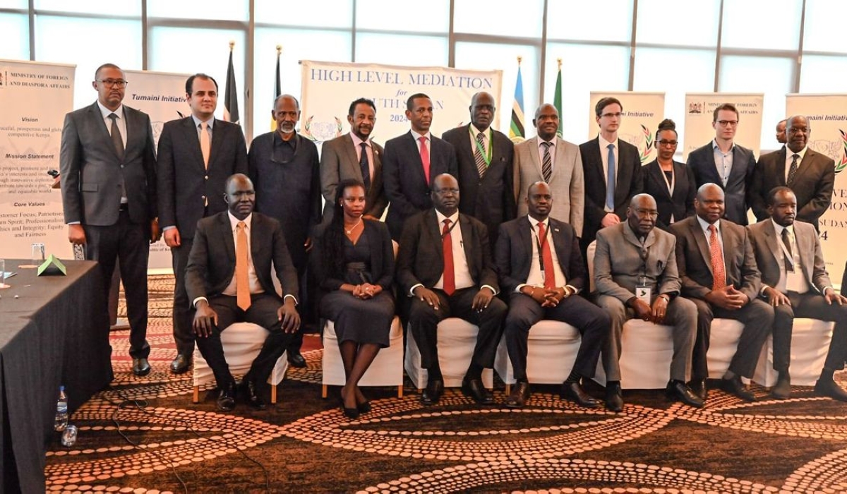 South Sudanese rebel opposition groups leaders and other officials involved in South Sudan&#039;s Tumaini Initiative peace talks pose for a picture after a signing ceremony in Nairobi, Kenya on May 16, 2024. Net photo