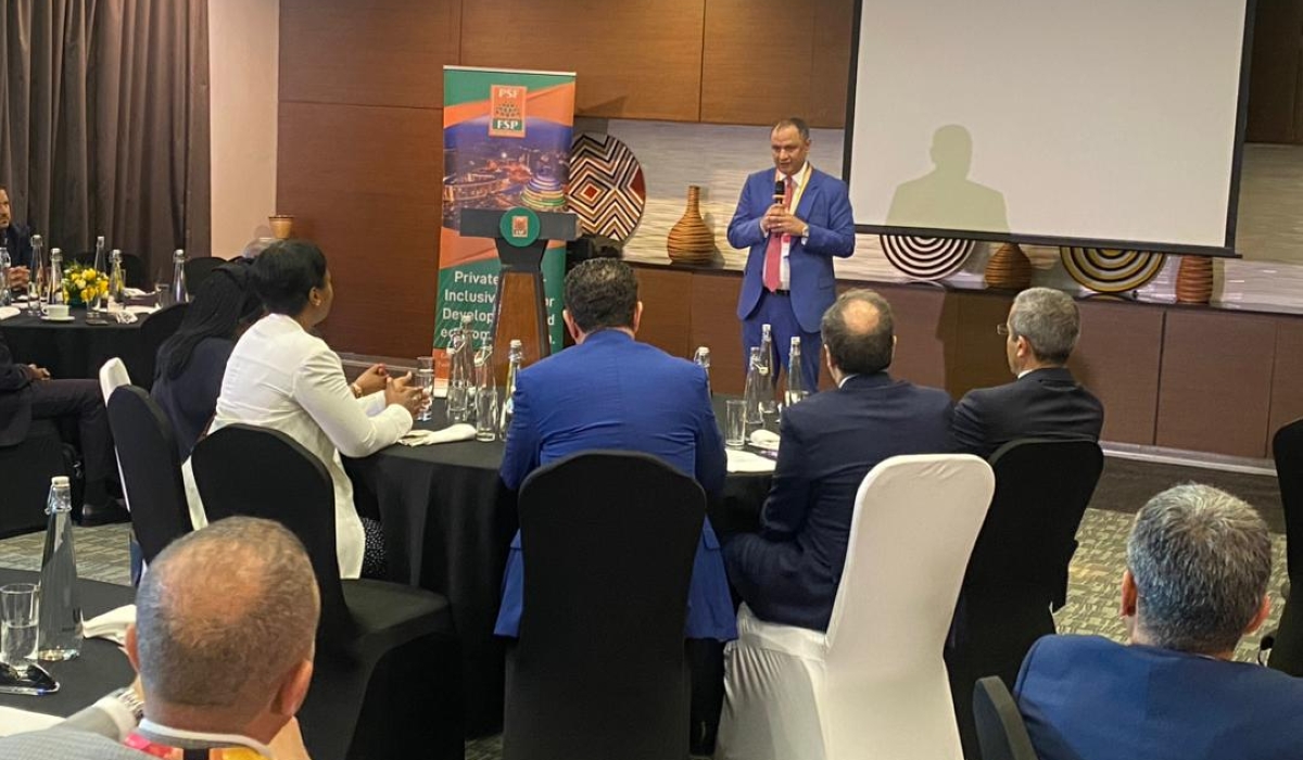 Morocco’s Minister of Trade and Industry Ryad Mezzour speaks during a business breakfast meeting in Kigali between Moroccan investors and Private Sector Federation (PSF) members, on May 17.