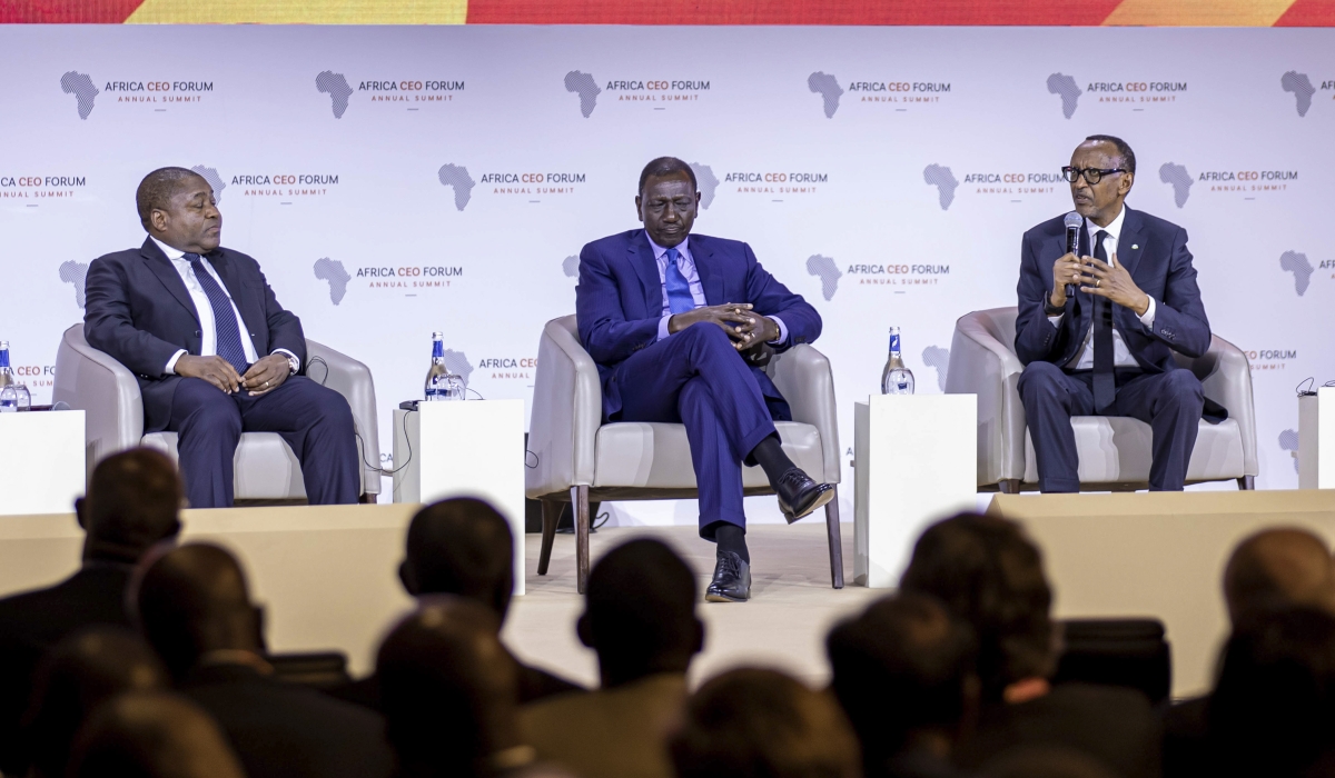 President Paul Kagame speaks during a presidential panel discussion as Kenya President William Ruto and Mozambican president Filippe Nyusi look on at Africa CEO forum on May 17. Dan Gatsinzi